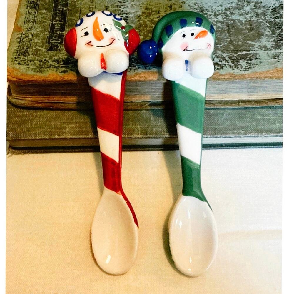 Collections Etc. Mug-Sitter Snowman Spoon Pair • Ceramic • 5” • Holiday Kitchen